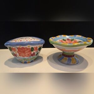 Handpainted Terracotta Floral Motif Soap Dish & Matching Toothbrush Holder